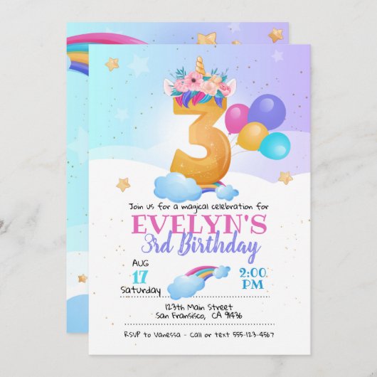 Unicorn-uitnodiging, 3e verjaardag Unicorn Kaart (Voorkant / Achterkant)