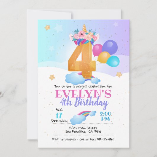 Unicorn-uitnodiging, 4e verjaardag Unicorn Kaart (Voorkant)