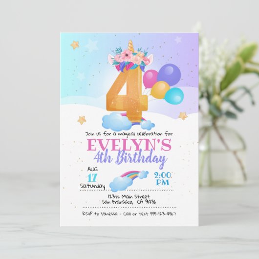 Unicorn-uitnodiging, 4e verjaardag Unicorn Kaart (Staand voorkant)