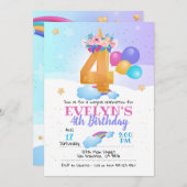 Unicorn-uitnodiging, 4e verjaardag Unicorn Kaart (Voorkant / Achterkant)