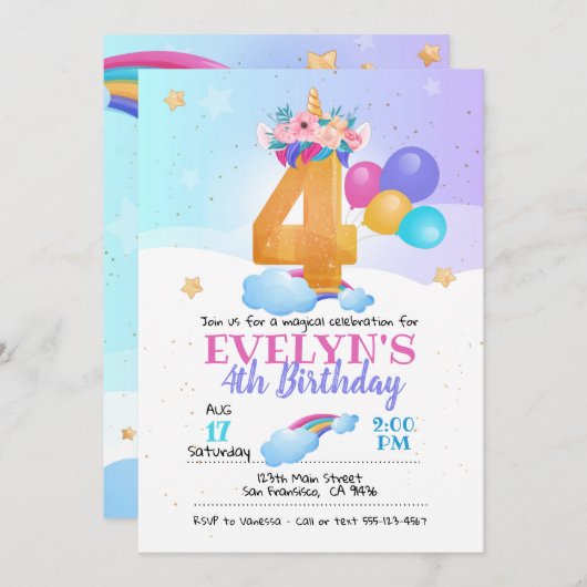 Unicorn-uitnodiging, 4e verjaardag Unicorn Kaart (Voorkant / Achterkant)