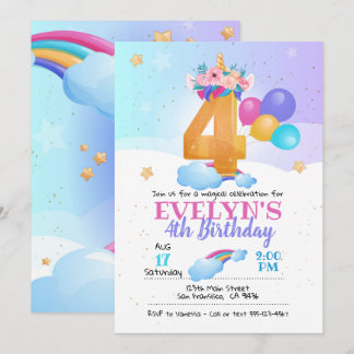 Unicorn-uitnodiging, 4e verjaardag Unicorn Kaart