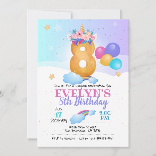 Unicorn-uitnodiging, 8e verjaardag Unicorn Kaart (Voorkant)