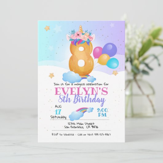 Unicorn-uitnodiging, 8e verjaardag Unicorn Kaart (Staand voorkant)