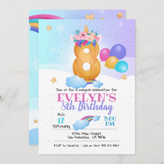 Unicorn-uitnodiging, 8e verjaardag Unicorn Kaart (Voorkant / Achterkant)