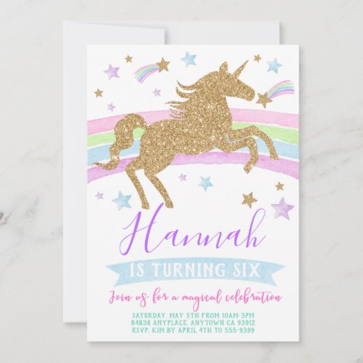 Unicorn uitnodiging gouden regenboog verjaardagsfe (Voorkant)