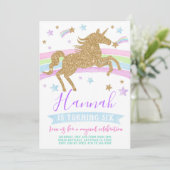 Unicorn uitnodiging gouden regenboog verjaardagsfe (Staand voorkant)