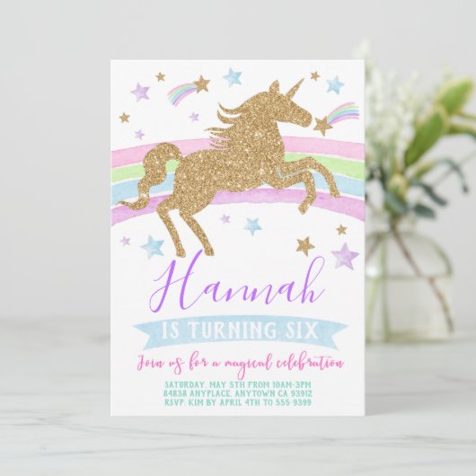 Unicorn uitnodiging gouden regenboog verjaardagsfe (Staand voorkant)