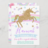 Unicorn uitnodiging gouden regenboog verjaardagsfe (Voorkant / Achterkant)