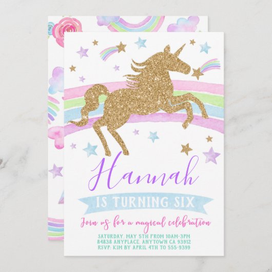 Unicorn uitnodiging gouden regenboog verjaardagsfe (Voorkant / Achterkant)