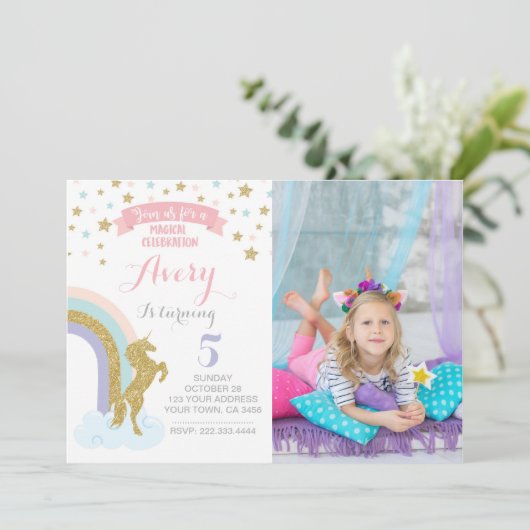 Unicorn Uitnodiging met afbeelding (Staand voorkant)