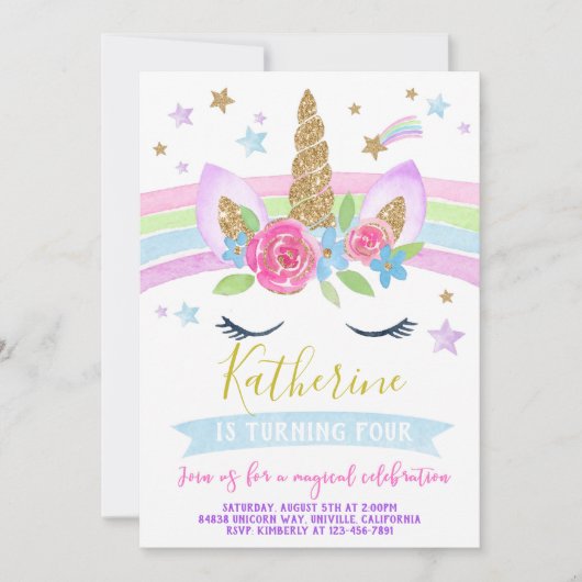 Unicorn-uitnodiging verjaardagsfeest regenboogeenh kaart (Voorkant)