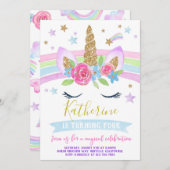 Unicorn-uitnodiging verjaardagsfeest regenboogeenh kaart (Voorkant / Achterkant)