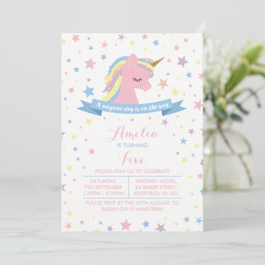 Unicorn - uitnodiging voor verjaardagsfeest (Staand voorkant)
