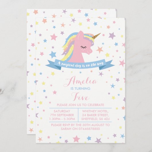 Unicorn - uitnodiging voor verjaardagsfeest (Voorkant / Achterkant)