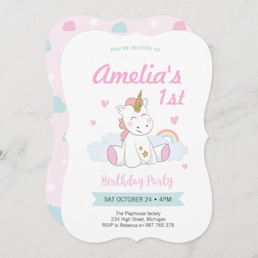 Unicorn-uitnodigingen, Unicorn-verjaardagsuitnodig Kaart (Voorkant / Achterkant)