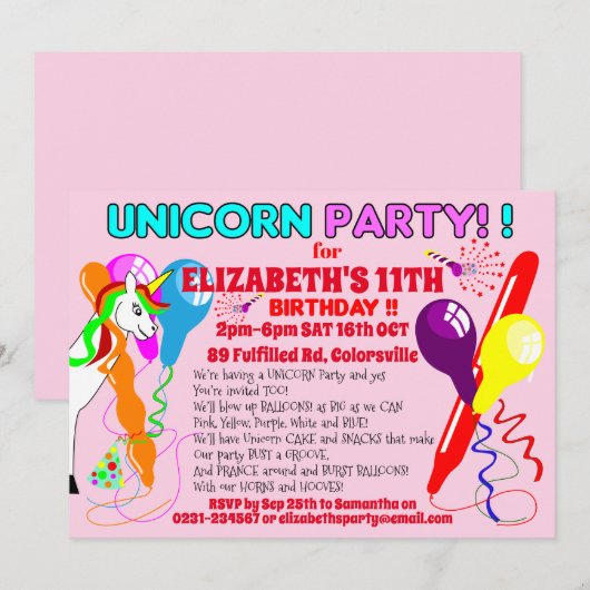 UniCORN-uitnodigingsunicorns verjaardagsfeest Kaart (Voorkant / Achterkant)