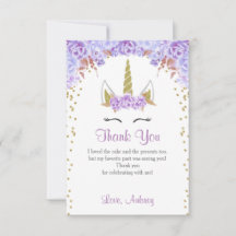 Unicorn verjaardag dank je kaart, paars en goud