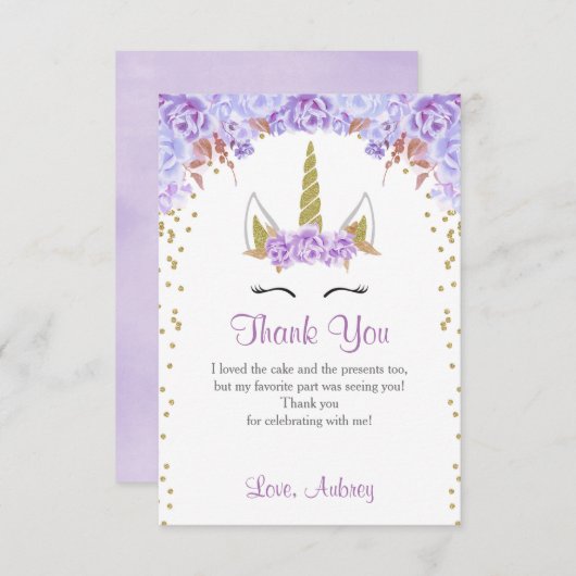 Unicorn verjaardag dank je kaart, paars en goud bedankkaart (Voorkant / Achterkant)
