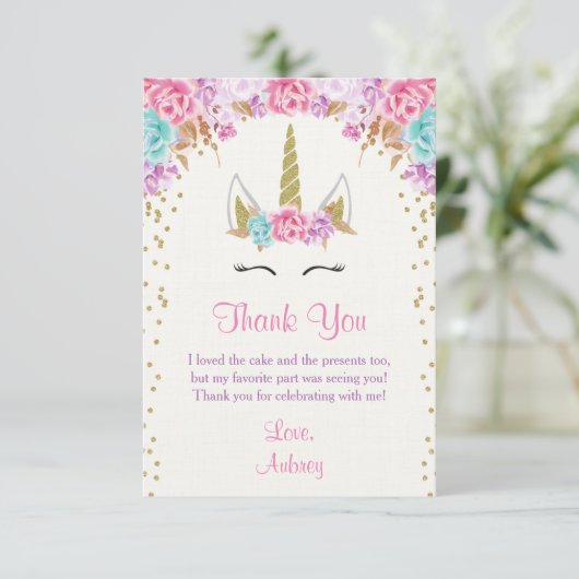 Unicorn verjaardag dank je kaart, roze en goud bedankkaart (Staand voorkant)