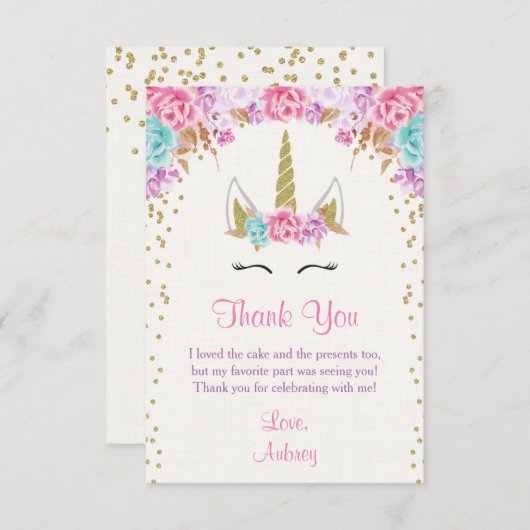 Unicorn verjaardag dank je kaart, roze en goud bedankkaart (Voorkant / Achterkant)