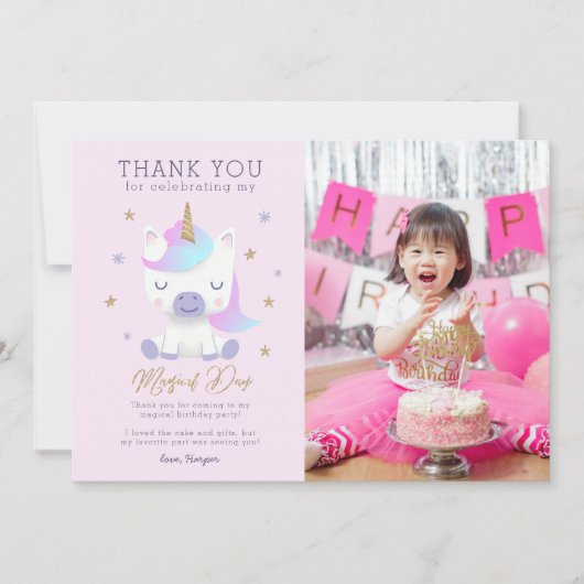 Unicorn Verjaardag dank u fotokaart Bedankkaart (Voorkant)