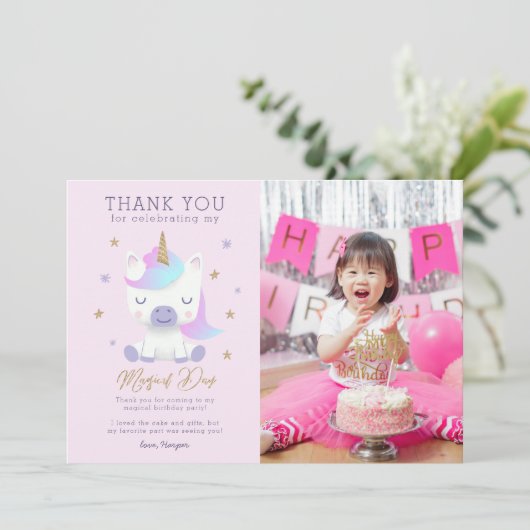 Unicorn Verjaardag dank u fotokaart Bedankkaart (Staand voorkant)