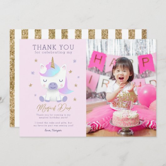 Unicorn Verjaardag dank u fotokaart Bedankkaart (Voorkant / Achterkant)