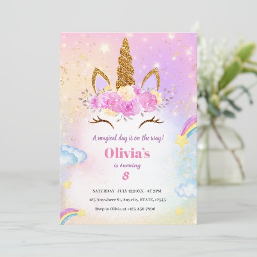 UNICORN VERJAARDAG UITNODIGING (Staand voorkant)