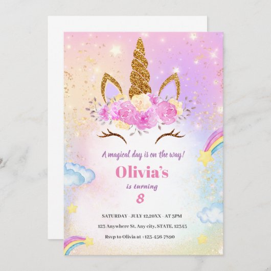 UNICORN VERJAARDAG UITNODIGING (Voorkant / Achterkant)