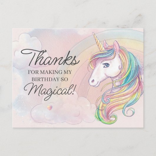 Unicorn verjaardagsfeest bedankt briefkaart (Voorkant)