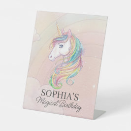 Unicorn verjaardagsfeest regenboogpartij reclamebord met voetstuk