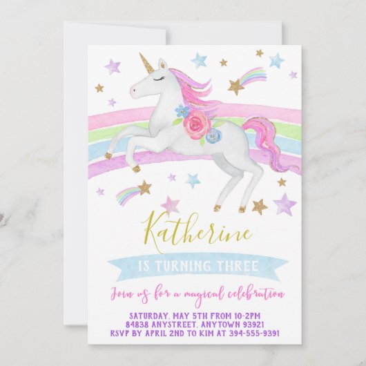 Unicorn verjaardagsfeest uitnodiging regenbows uni (Voorkant)