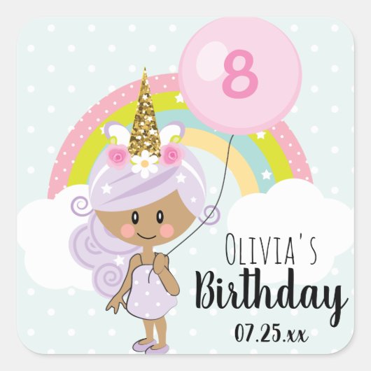 Unicorn Verjaardagsfeestje Dank u donkere huidskle Vierkante Sticker (Voorkant)