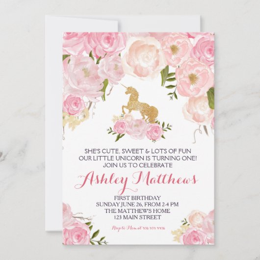Unicorn verjaardagsroze Beauful Floral Invitation Kaart (Voorkant)