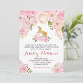 Unicorn verjaardagsroze Beauful Floral Invitation Kaart (Staand voorkant)