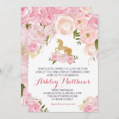 Unicorn verjaardagsroze Beauful Floral Invitation Kaart (Voorkant / Achterkant)