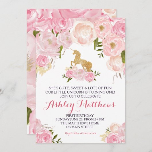 Unicorn verjaardagsroze Beauful Floral Invitation Kaart (Voorkant / Achterkant)