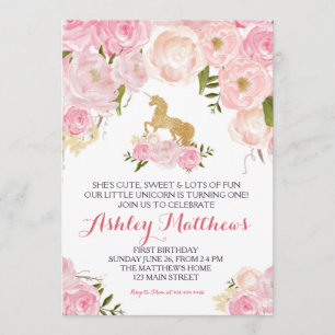 Unicorn verjaardagsroze Beauful Floral Invitation Kaart