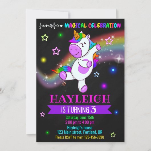 Unicorn verjaardagsuitnodiging 1e magische feestje kaart (Voorkant)