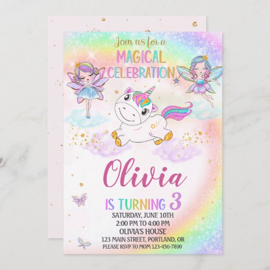 Unicorn verjaardagsuitnodiging Fairy uitnodiging m (Voorkant / Achterkant)
