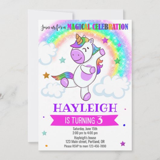 Unicorn verjaardagsuitnodiging kaart (Voorkant)