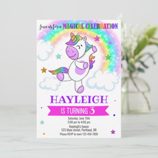 Unicorn verjaardagsuitnodiging kaart (Staand voorkant)