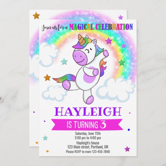 Unicorn verjaardagsuitnodiging kaart (Voorkant / Achterkant)