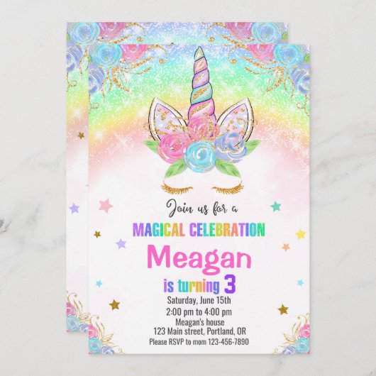 Unicorn verjaardagsuitnodiging Magical unicorn nod Kaart (Voorkant / Achterkant)
