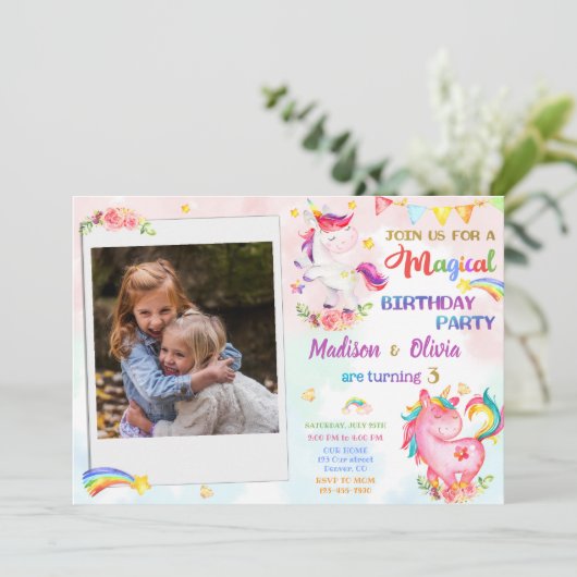 Unicorn verjaardagsuitnodiging met foto Magic part Kaart (Staand voorkant)