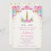Unicorn verjaardagsuitnodiging, roze paars goud kaart (Voorkant / Achterkant)
