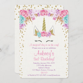 Unicorn verjaardagsuitnodiging, roze paars goud kaart