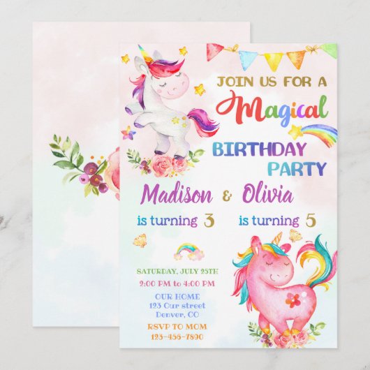 Unicorn verjaardagsuitnodiging voor meisjes Magic Kaart (Voorkant / Achterkant)