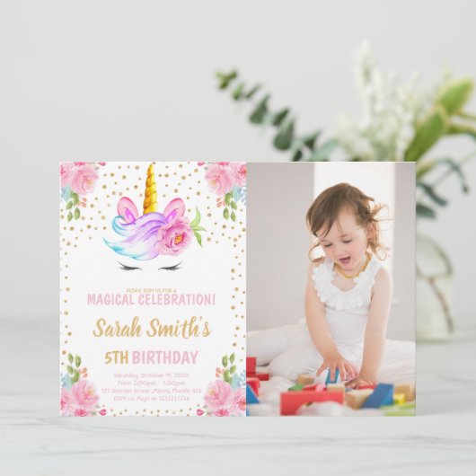 Unicorn verjaardagsuitnodigingen met foto kaart (Staand voorkant)